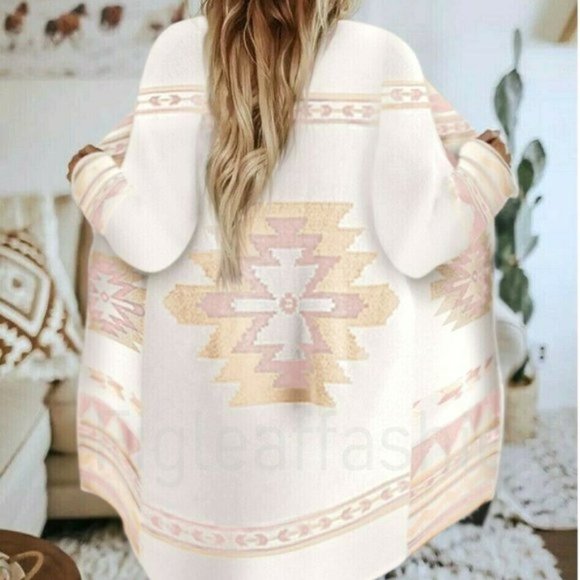 New Cozy Cowichan Print Boho Cardigan Sweater - Picture 4 of 6